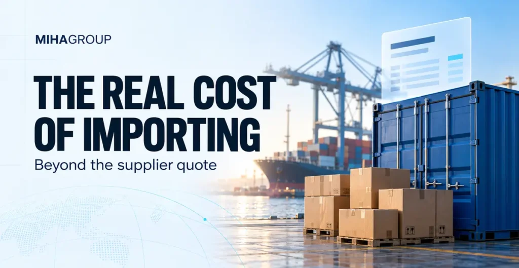 Shipping container and port scene with the headline “The Real Cost of Importing”.