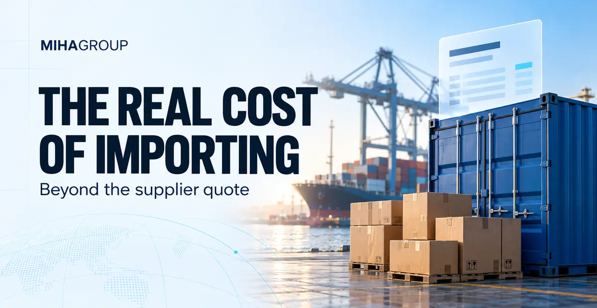 Shipping container and port scene with the headline “The Real Cost of Importing”.