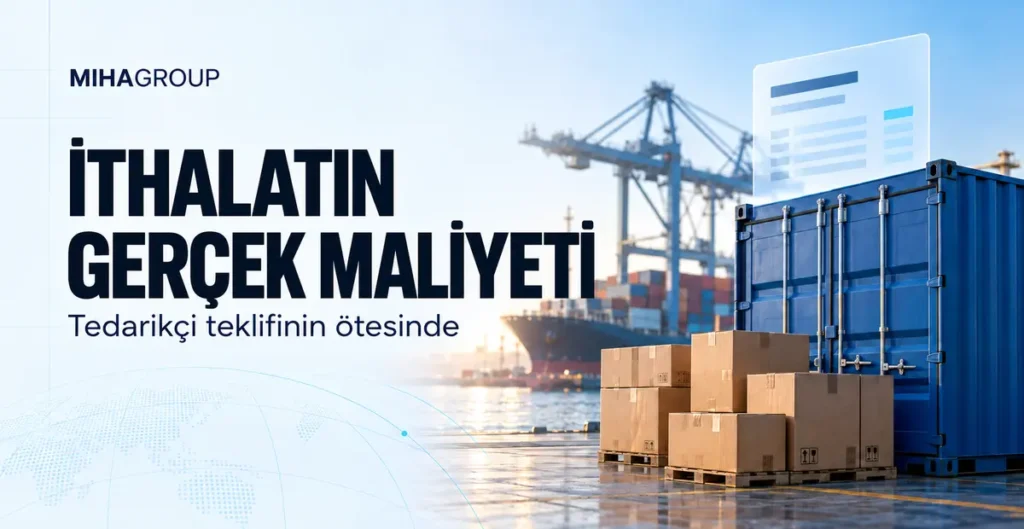 Mavi konteyner ve liman sahnesinde “İthalatın Gerçek Maliyeti” başlığını gösteren görsel.