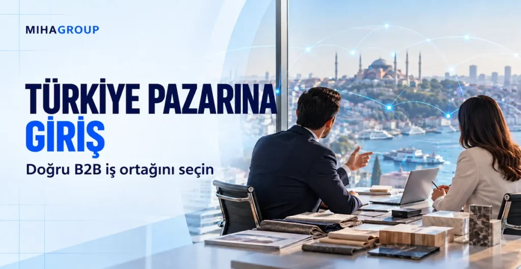 İstanbul manzarası önünde numuneleri değerlendiren iş ortakları ve “Türkiye Pazarına Giriş” başlığı.