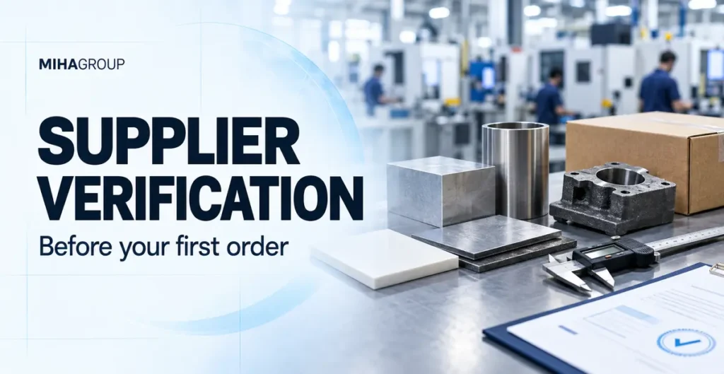 Supplier verification banner with industrial samples, measuring tools and the words “Supplier Verification”.
