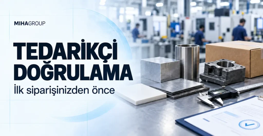 Endüstriyel numuneler ve ölçüm araçlarıyla “Tedarikçi Doğrulama” başlığını gösteren görsel.