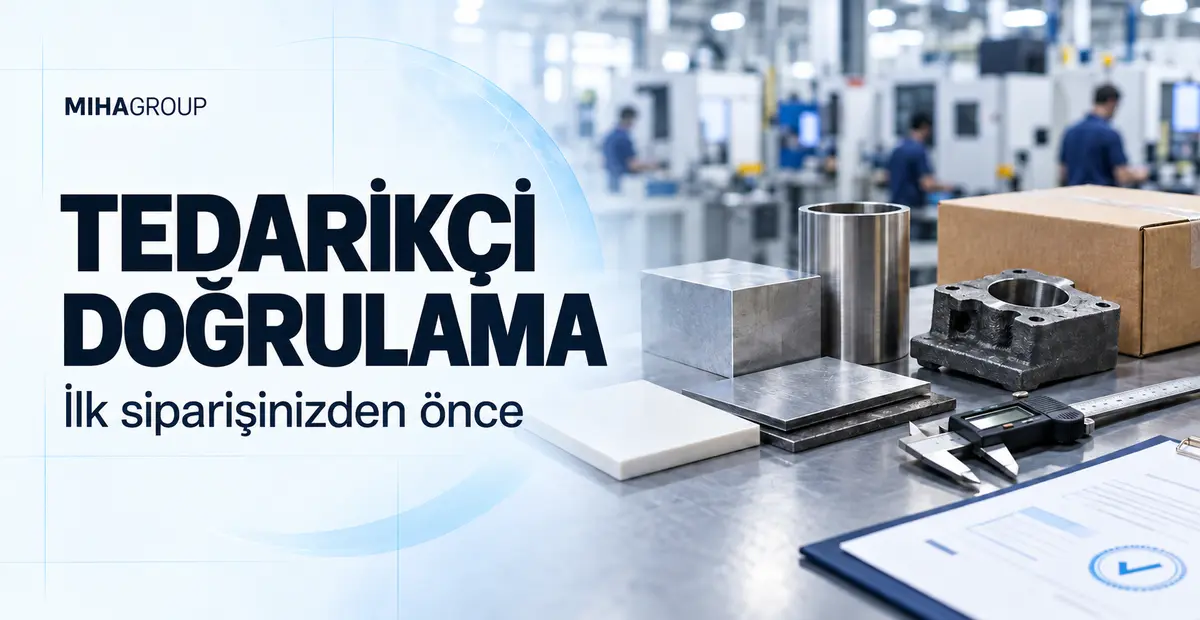 Endüstriyel numuneler ve ölçüm araçlarıyla “Tedarikçi Doğrulama” başlığını gösteren görsel.